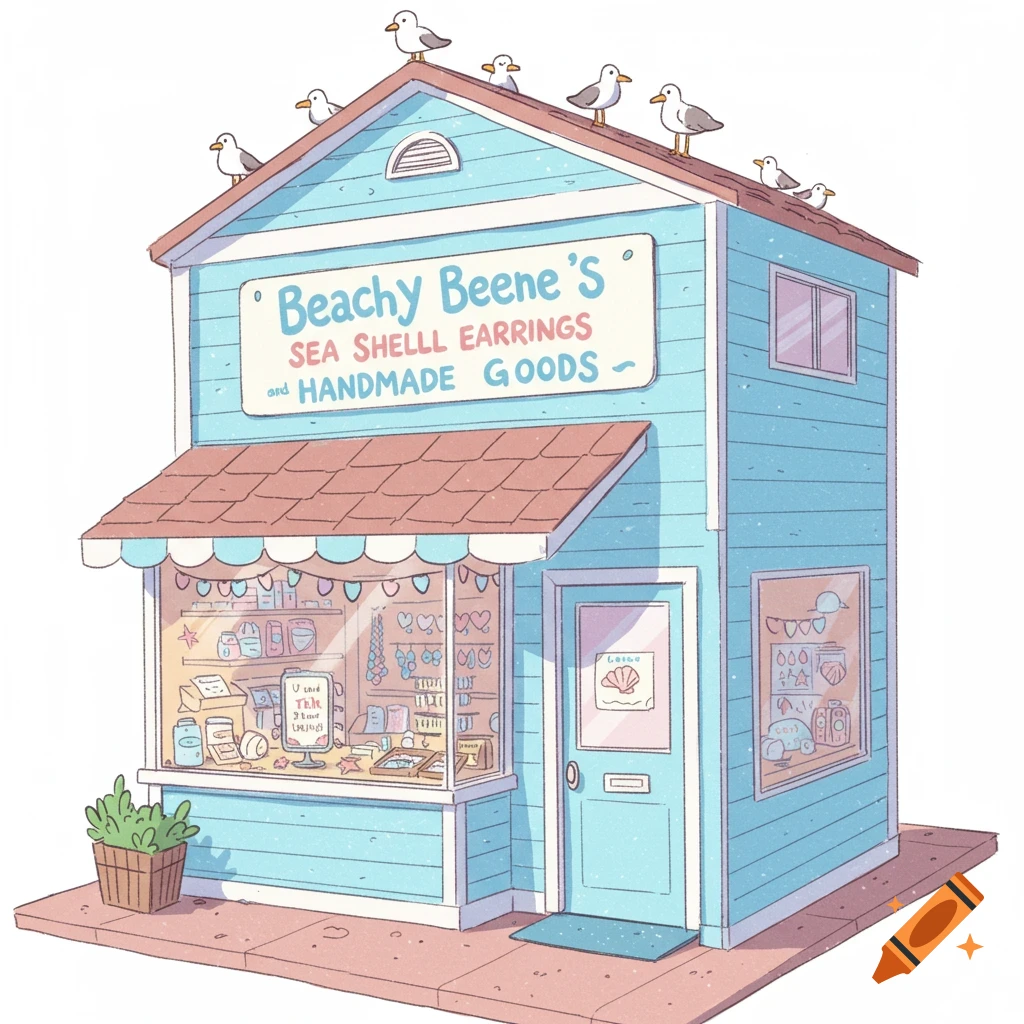 Cartoon storefront for Beachy Beene’s Sea Shell Earrings and Handmade Goods