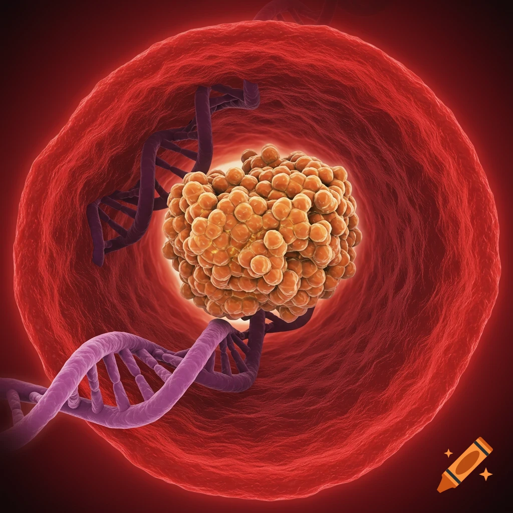 Microscopic view of a lipid cluster interacting with DNA strands inside a blood vessel.