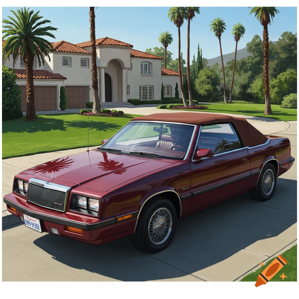 A red convertible car parked in the driveway of a large house with palm trees, illustration style.