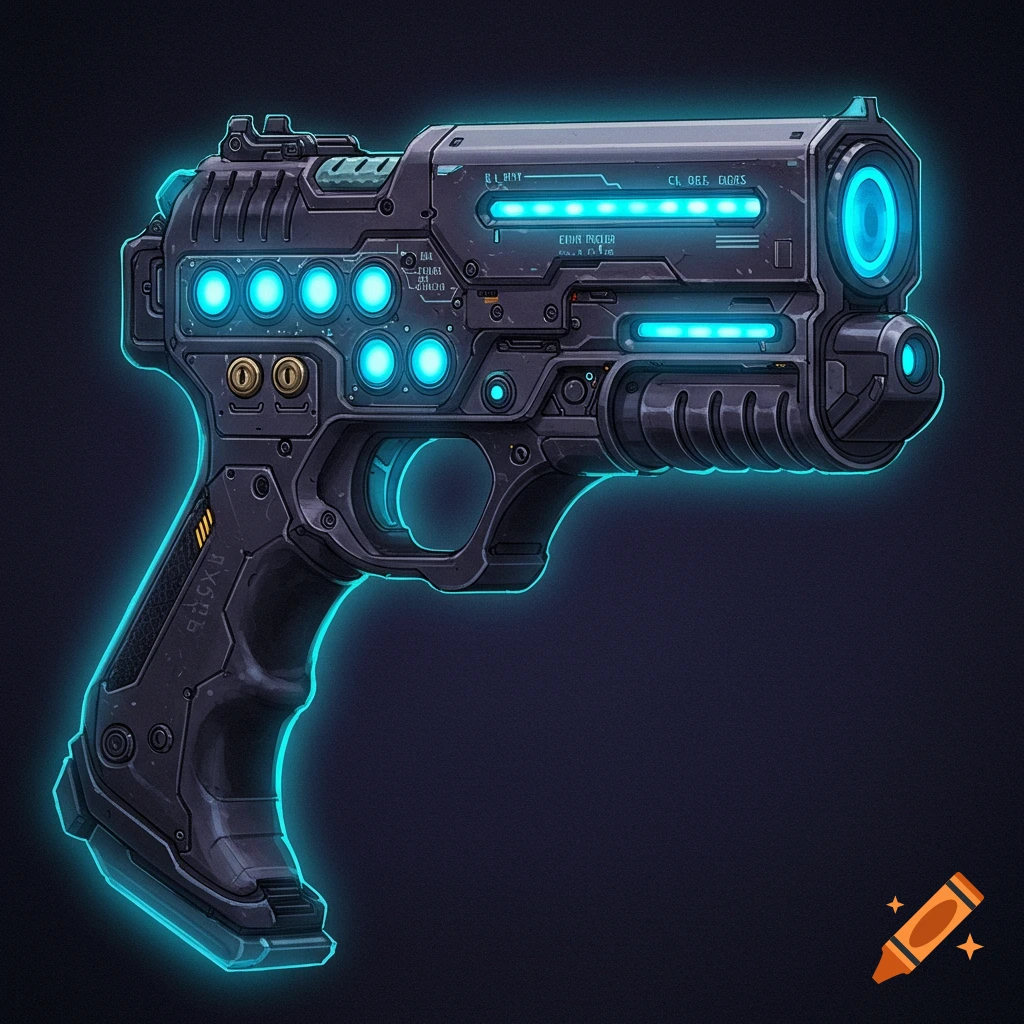 Detailed illustration of a futuristic sci-fi laser pistol with blue lights.
