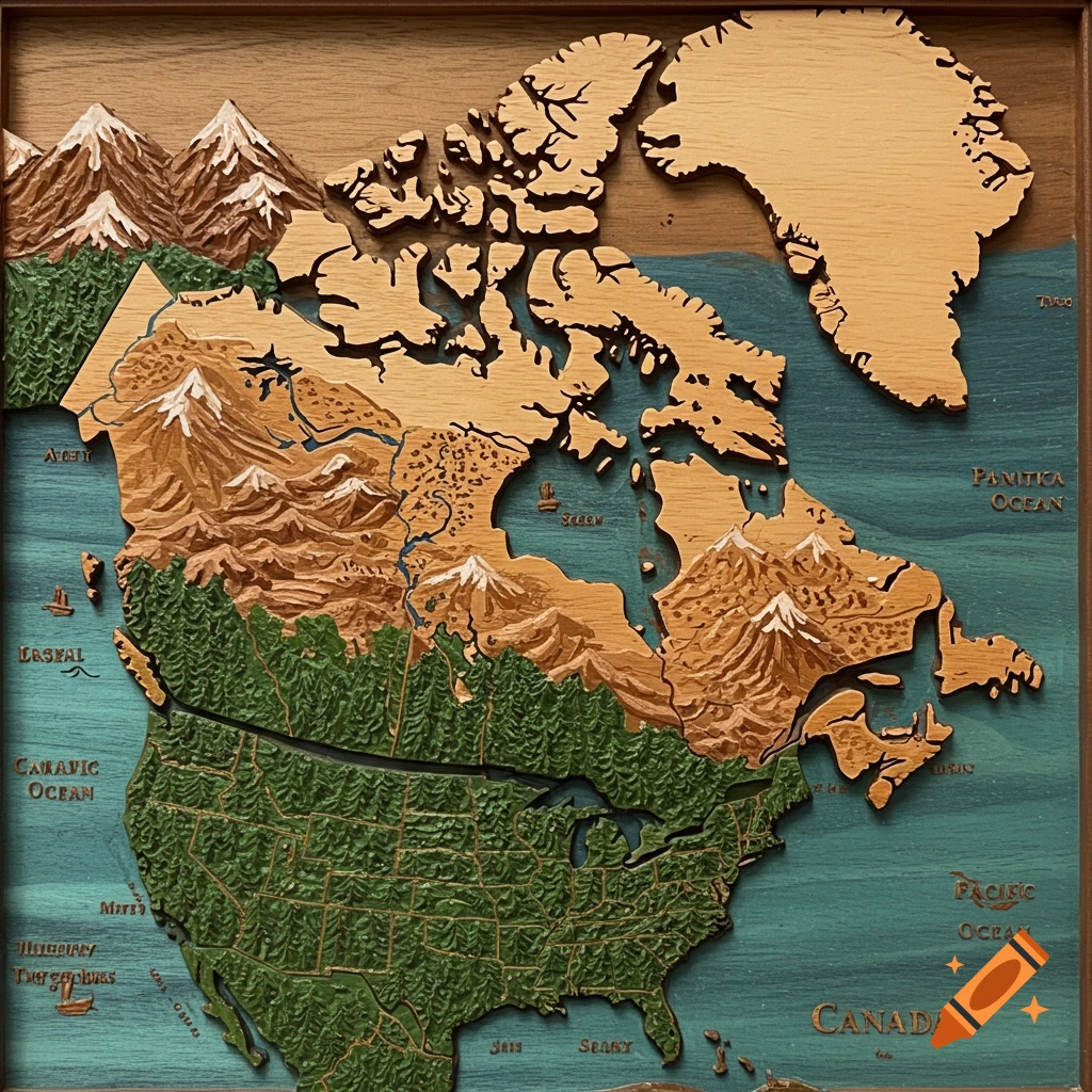 A detailed wood carving of the map of North America showing topographical features, forests, and oceans.