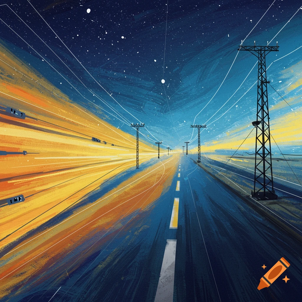 Stylized painting of a road stretching into the distance, with power lines on either side, under a starry sky and illuminated by orange light trails.