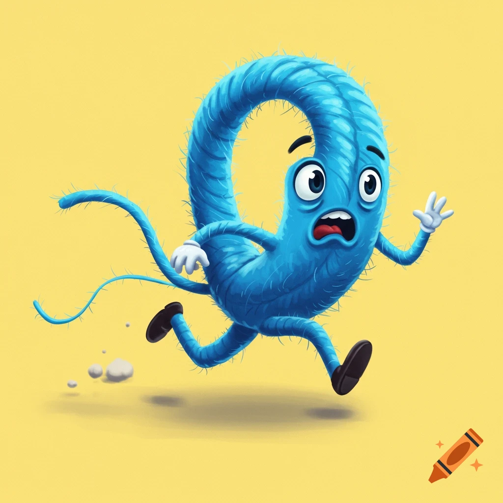 Cartoon of a blue, fuzzy, worm-like creature with arms and legs running with a scared expression.