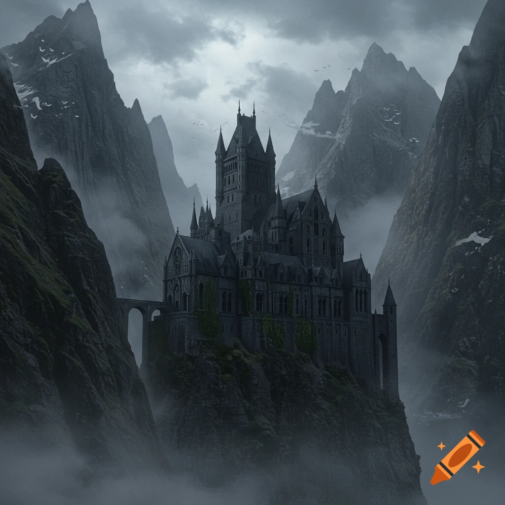 A gloomy castle on a cliff between misty mountains with birds flying