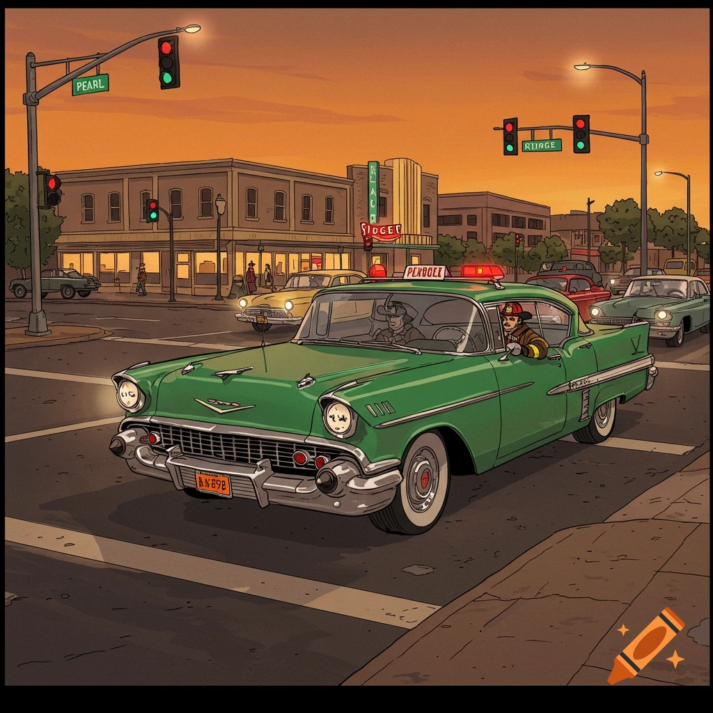 Illustrated scene of a green 1950s Chevrolet Impala with a firefighter driving through a city intersection.