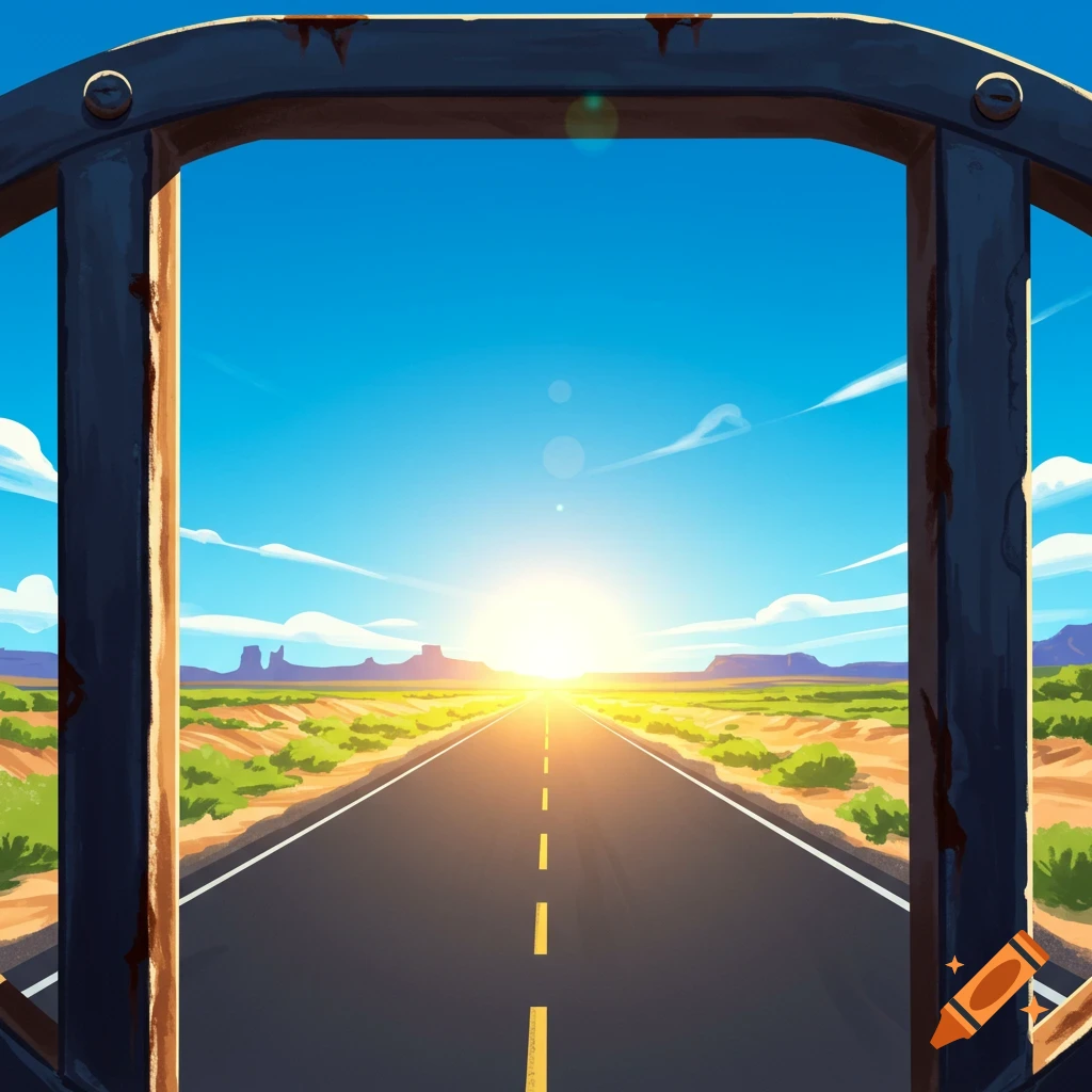 Open road view through iron bars