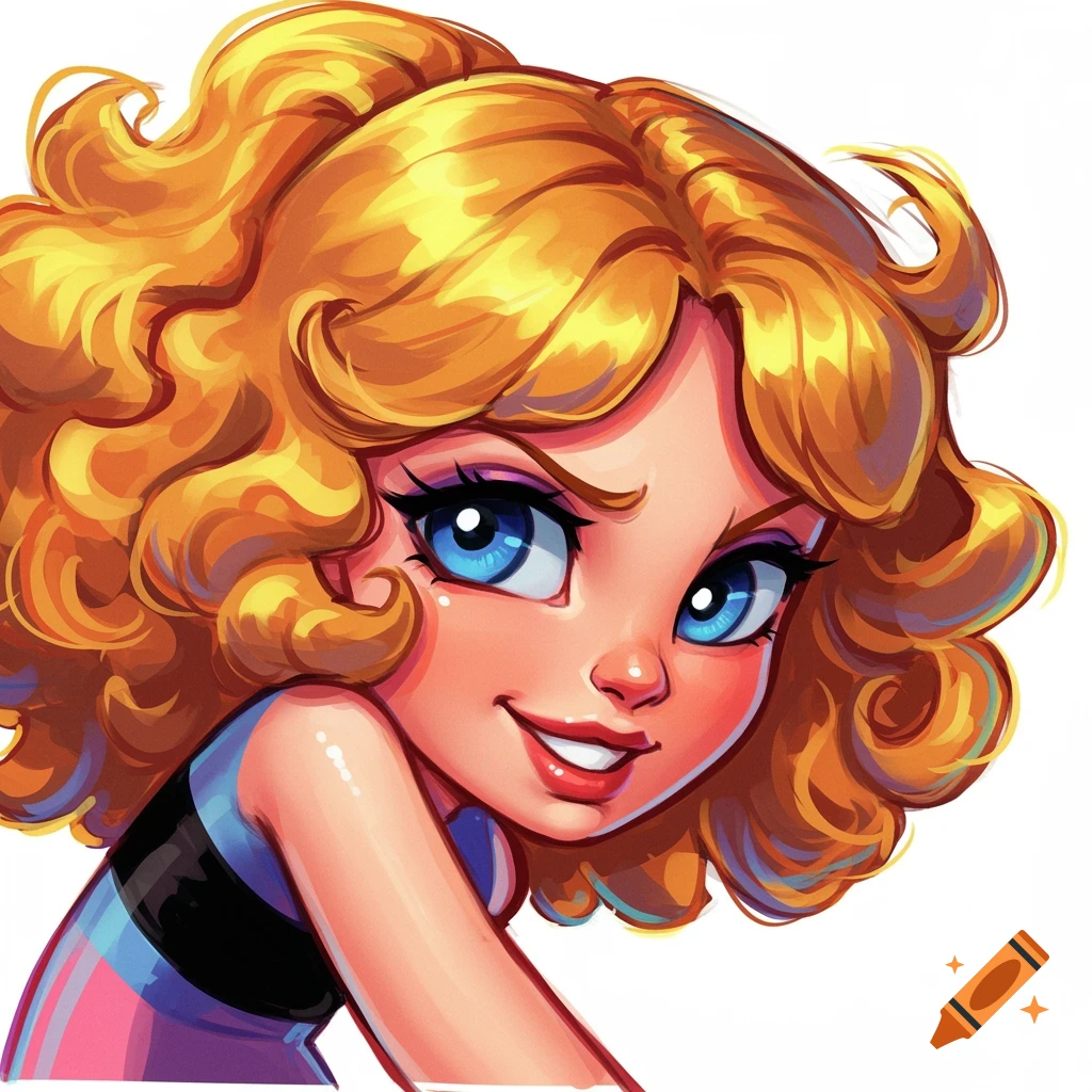 Cartoon portrait of a girl with curly blonde hair and blue eyes, smiling