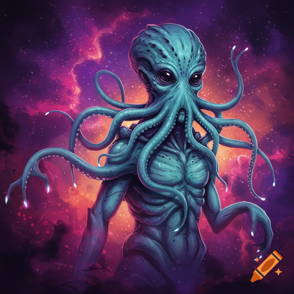 An alien creature with tentacles stands in a space nebula.