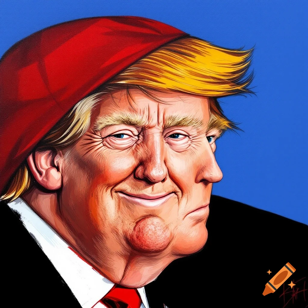 Caricature portrait of Donald Trump wearing a red hat against a blue background.
