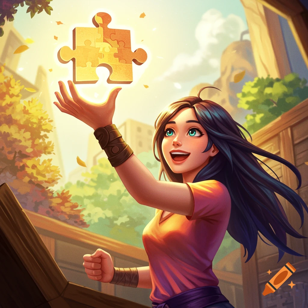 Illustrated portrait of a young woman holding up a glowing puzzle piece excitedly.