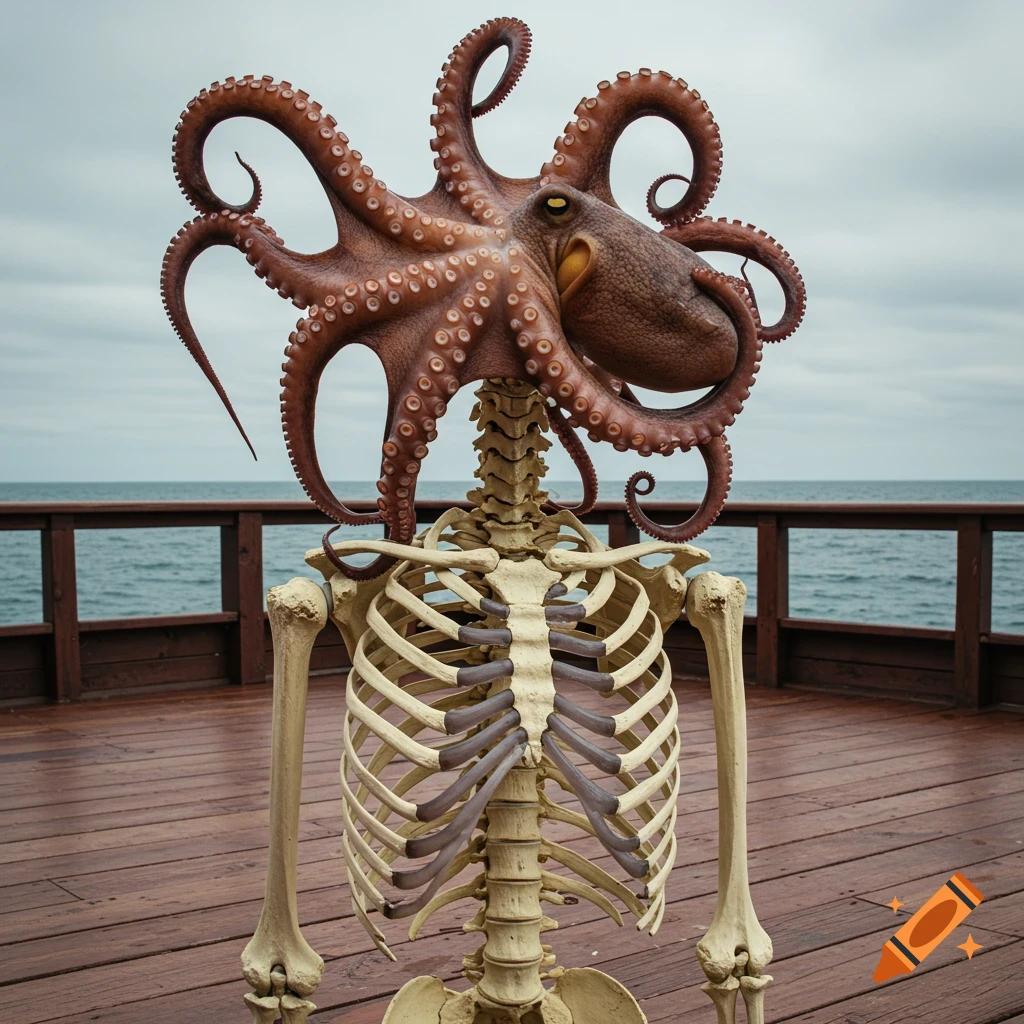 Photorealistic image of a human skeleton with an octopus for a head, standing on a wooden deck by the ocean.