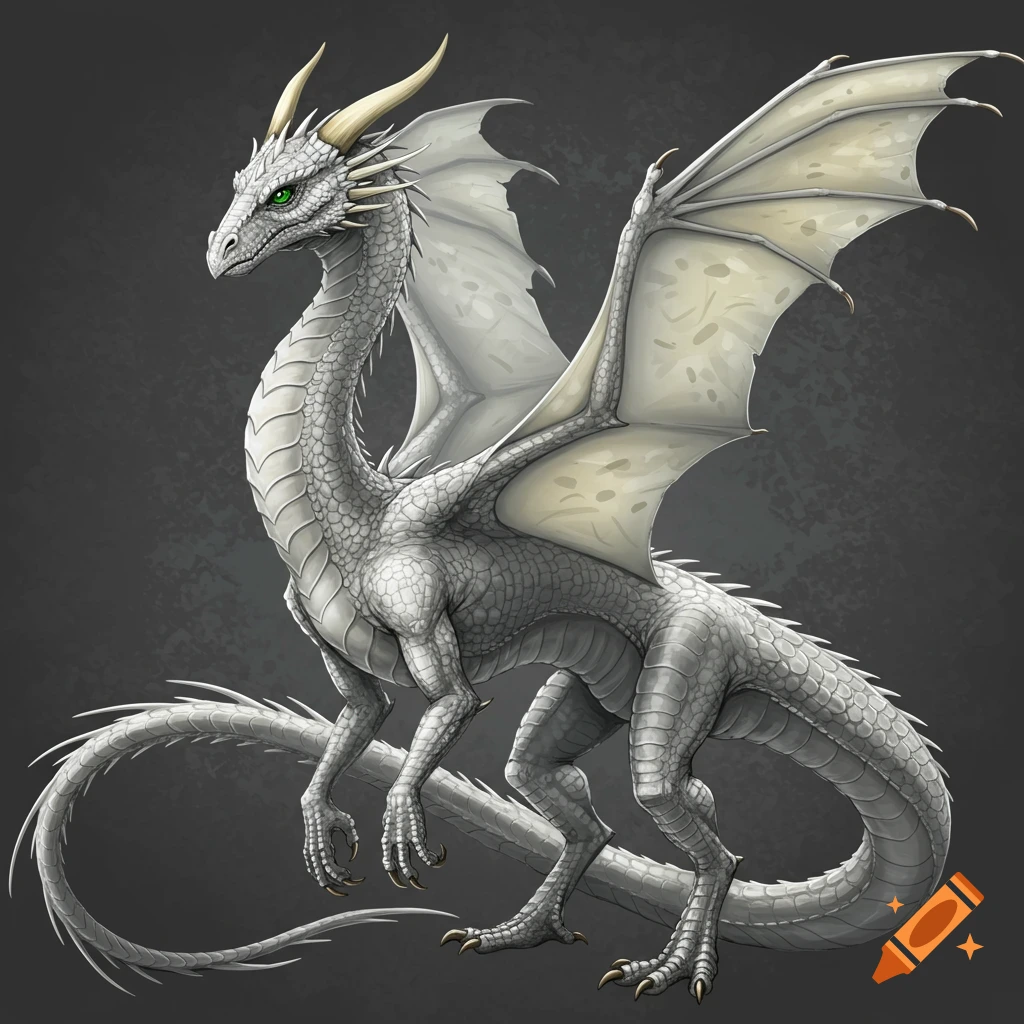 An illustration of a silver wyvern dragon with green eyes, white wings, and cream horns on a dark background.