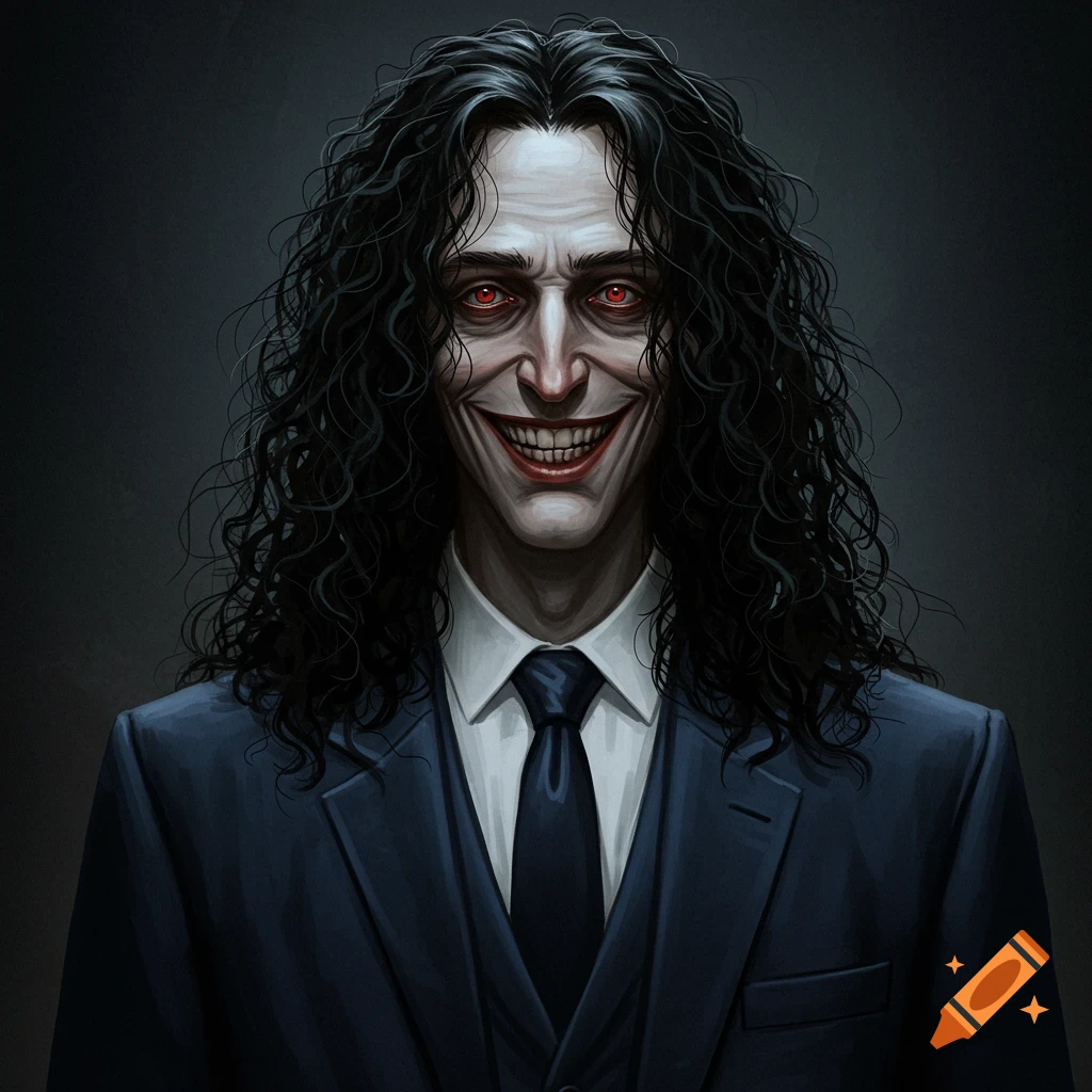 A portrait of a creepy man with long black curly hair, red eyes, and a wide, unsettling smile wearing a dark suit.
