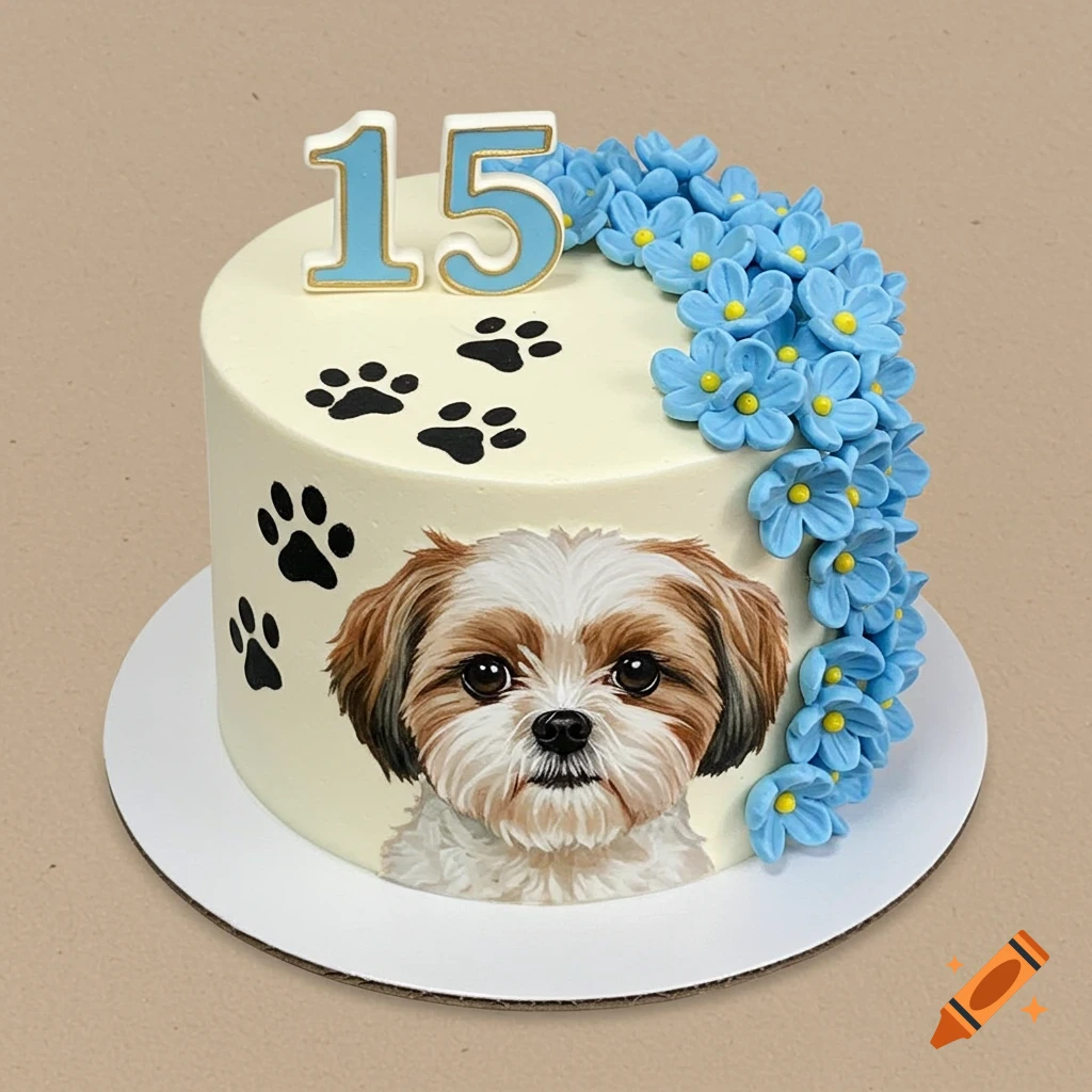 Circle cake with blue flowers, number 15, paw prints, and Shih Tzu face