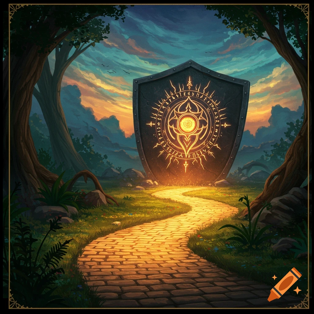 A glowing shield with runes stands at the end of a stone path in a fantasy forest at sunset.