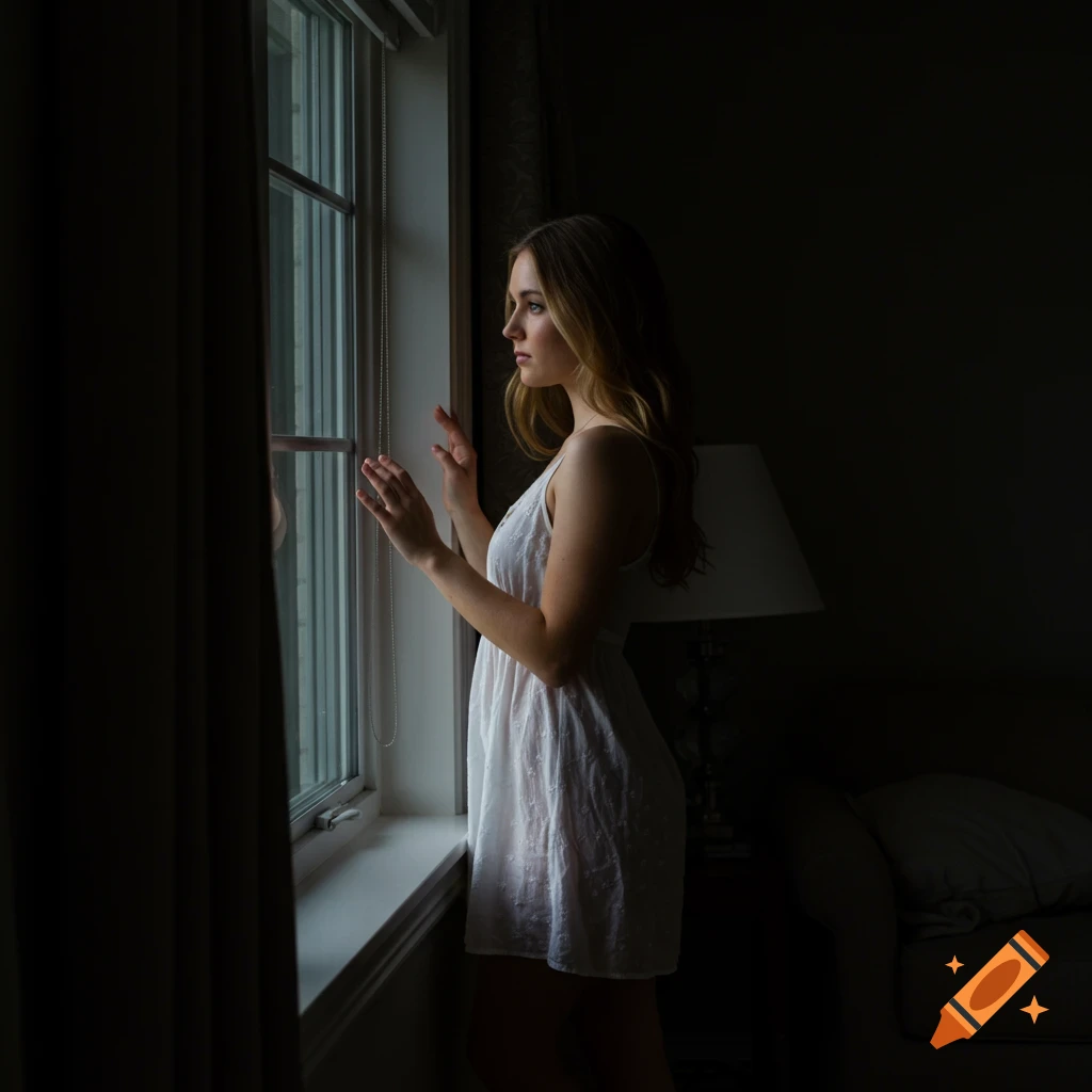 A young woman in a white dress stands by a window in a dark room, looking out. Atmospheric photorealistic portrait.
