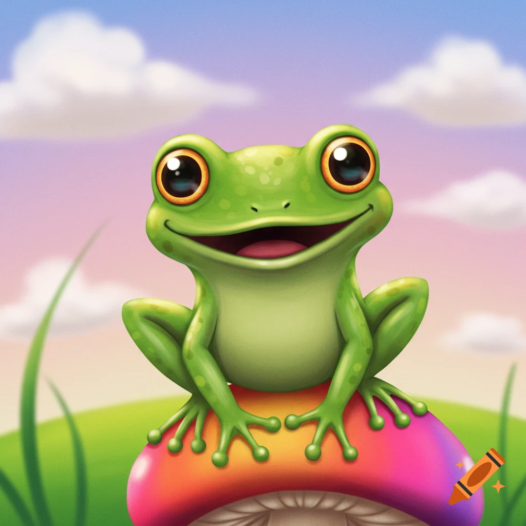 A cute green cartoon frog sits on a colorful mushroom in a landscape.
