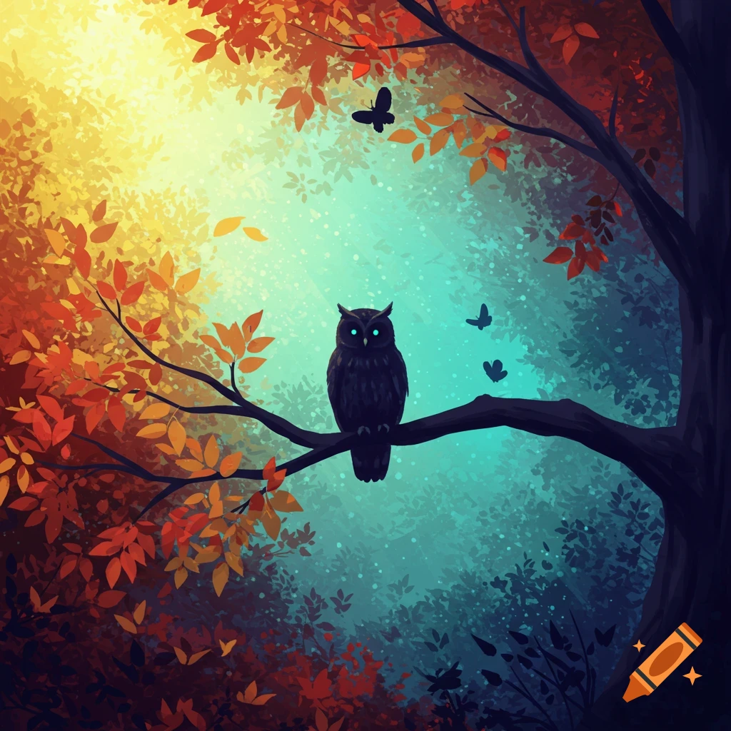 An owl sits on a branch in a forest with autumn leaves and butterflies, with bright light shining through.