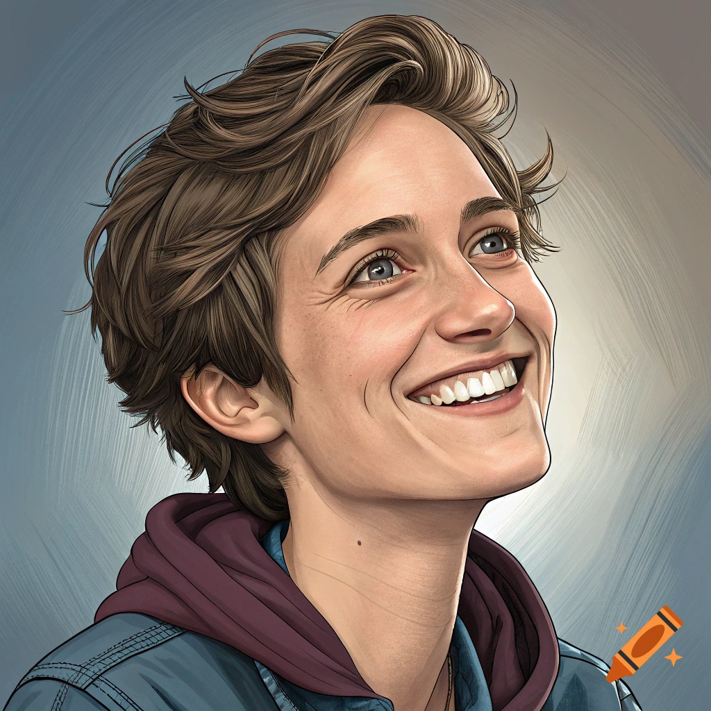 Illustration of a smiling person with short hair wearing a hoodie and jacket, looking up.