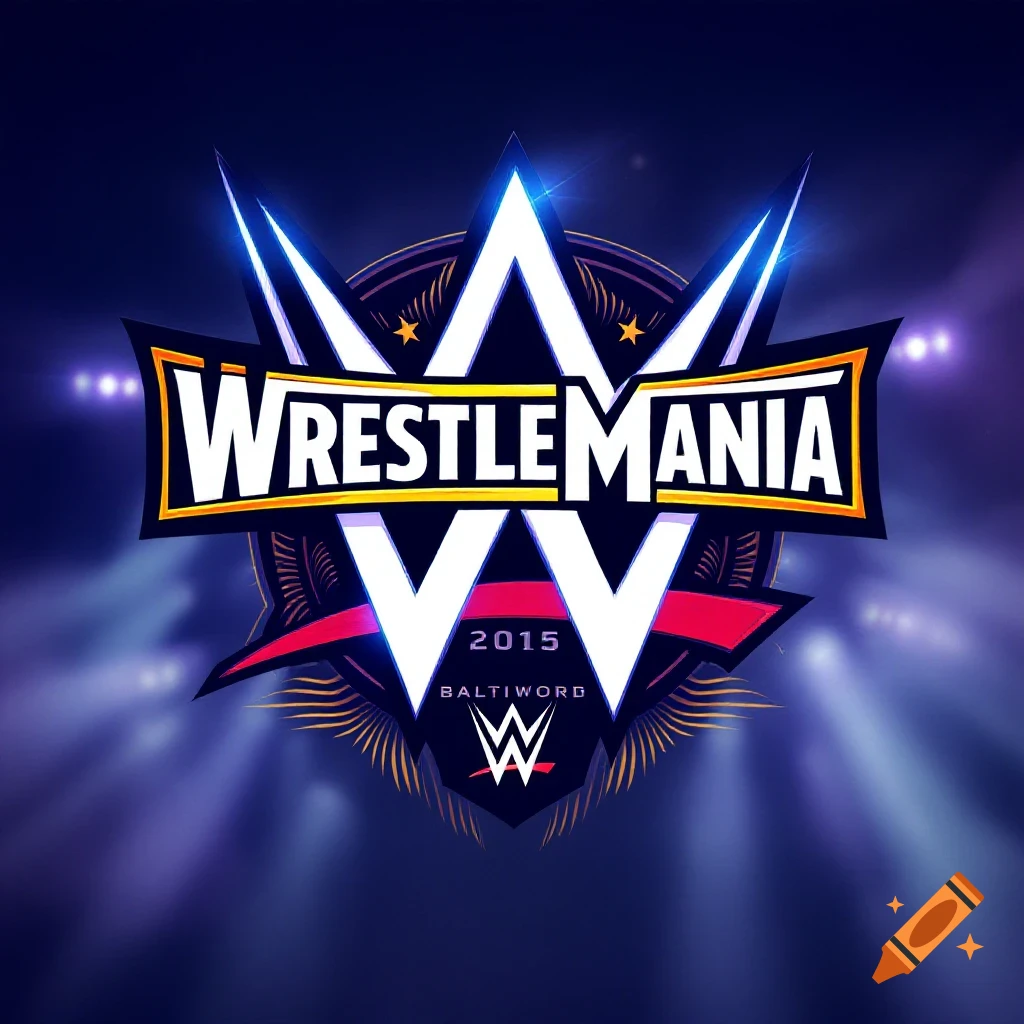 WWE Wrestlemania logo design with glowing lights and stadium background