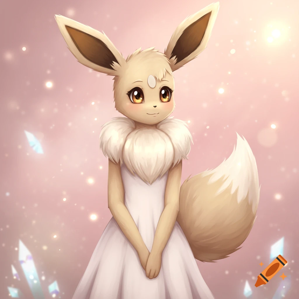 An anime-style character resembling Eevee wearing a white dress against a sparkly pink background with crystals.