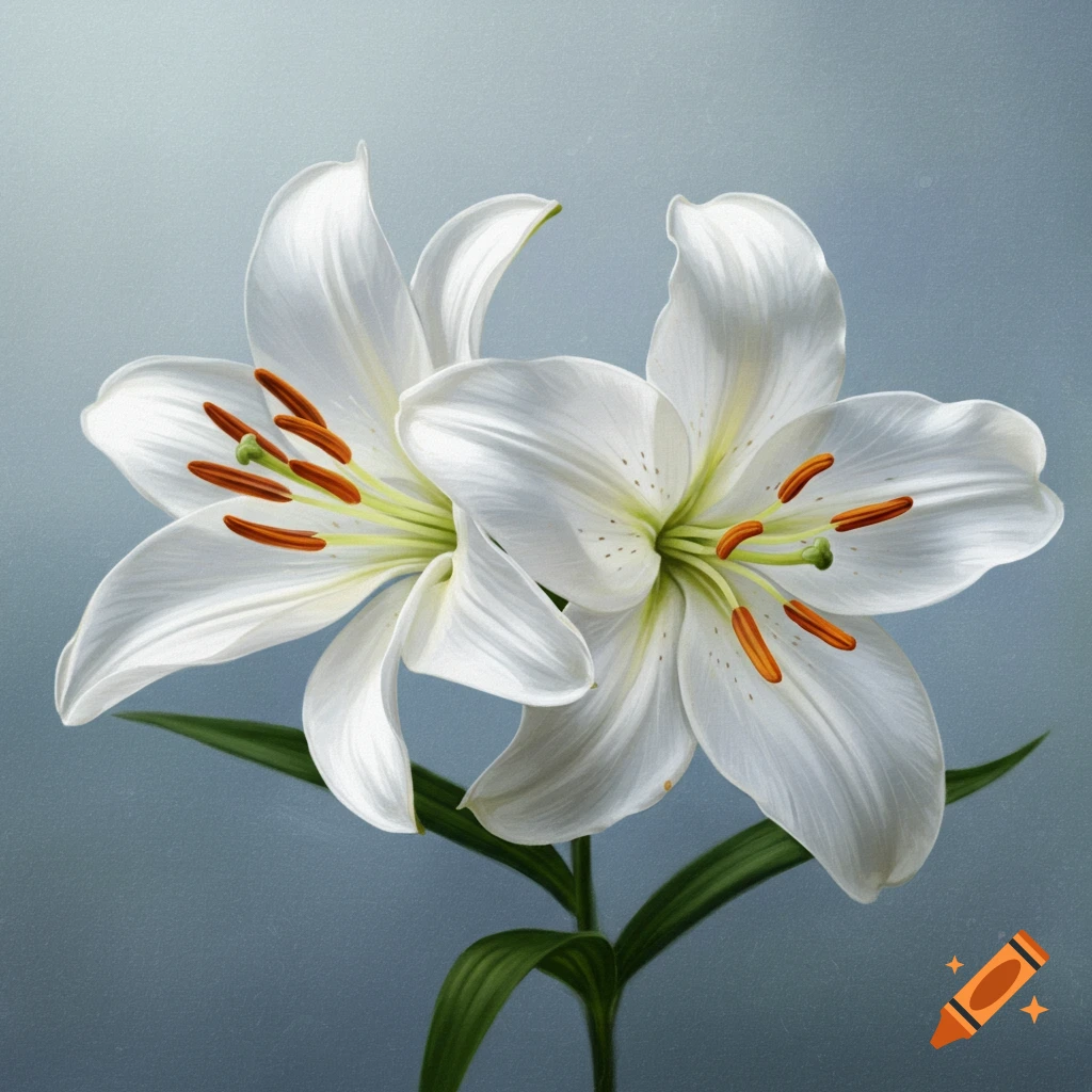 Two white lilies on a blue-grey background.