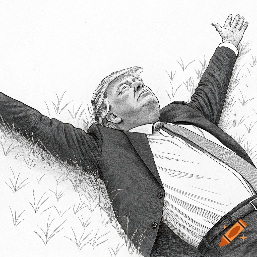 Sketch drawing of Donald Trump lying on his back in grass with arms outstretched.