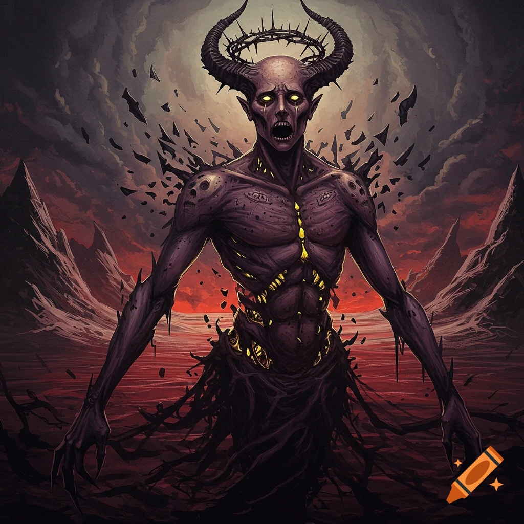 Dark fantasy art of a gaunt, thorny demon with horns and glowing marks standing in a red, desolate landscape.