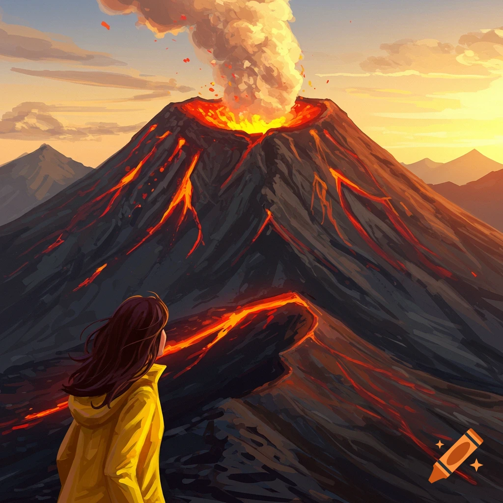 A person in a yellow coat views an erupting volcano with flowing lava, illustrated.