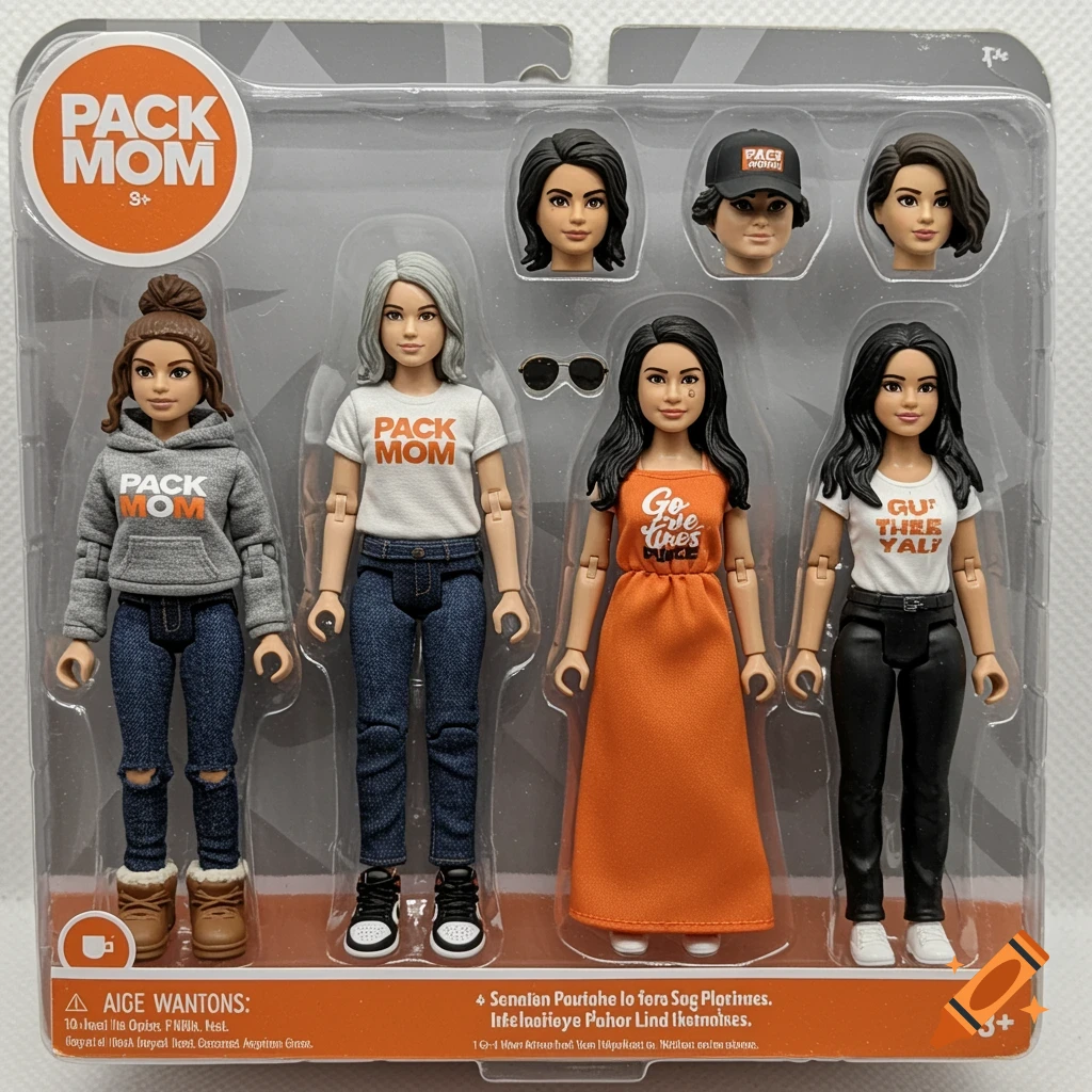 Plastic action figure set in premium packaging featuring 6 female action-figures with "PACK Mom" and "BACK the PACK" apparel.