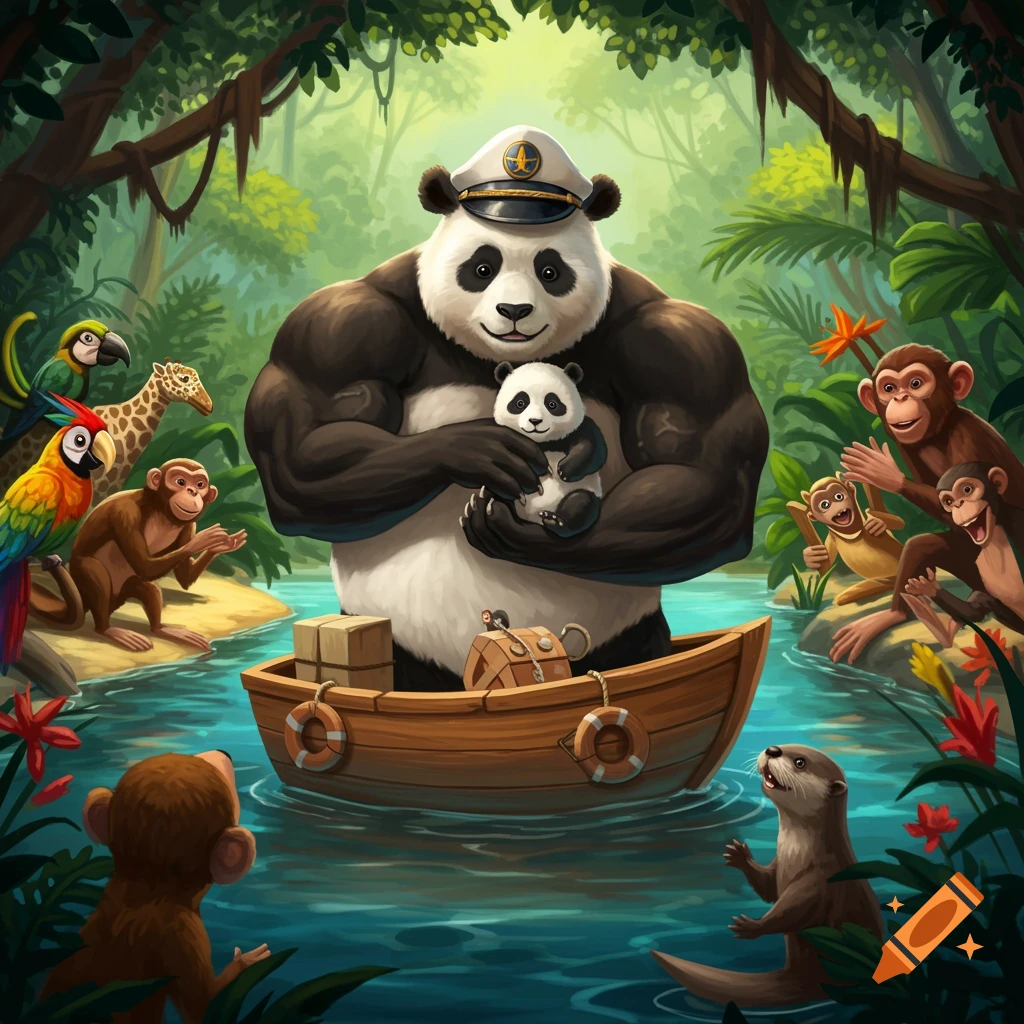 Illustration of a muscular panda captain in a boat holding a baby panda, surrounded by cheering jungle animals.