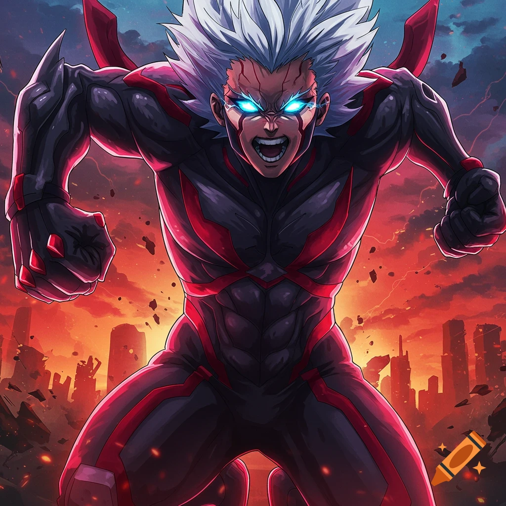 Aggressive anime character in red and black suit against destroyed city skyline.