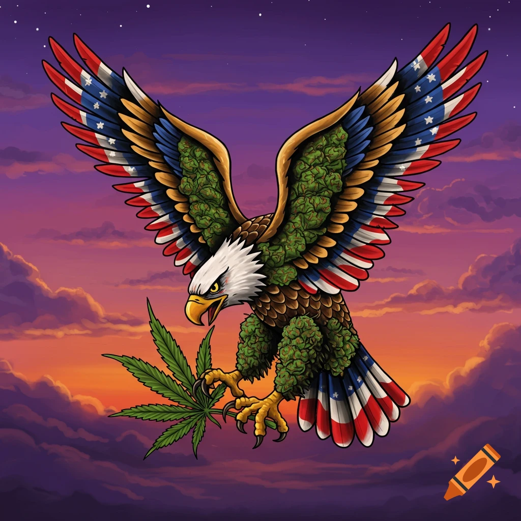 Americana Eagle tattoo with marijuana leaf design