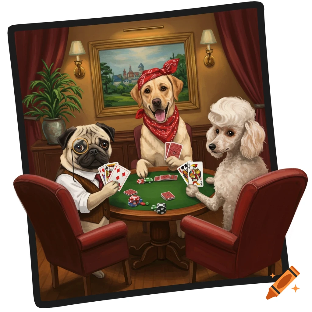 A pug in a monocle, a labrador in a bandana, and a poodle play poker at a tilted table in a dim room.