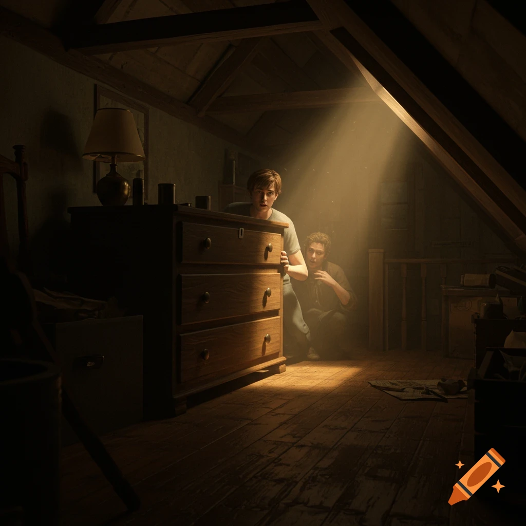 Two people hiding behind a dresser in a dusty attic with sunbeam