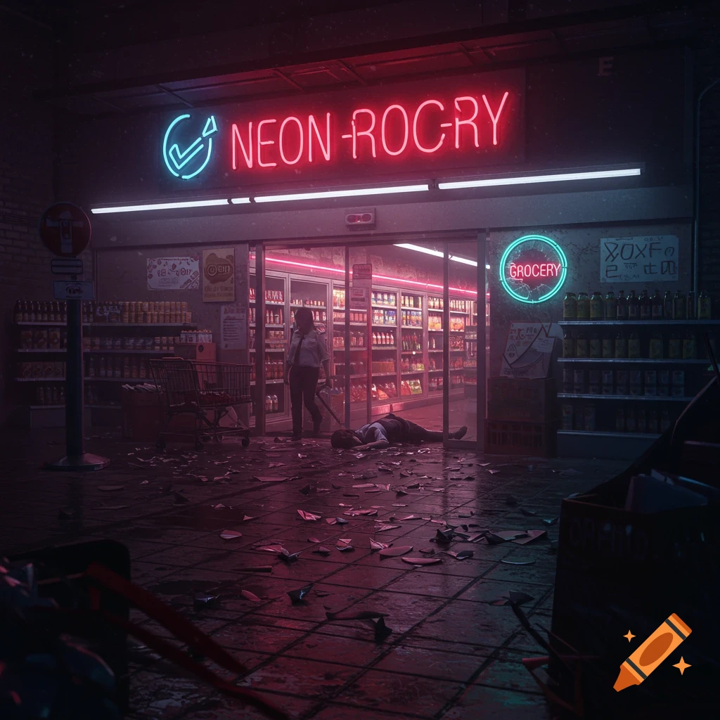 Neon-lit grocery store at night with broken glass and eerie atmosphere