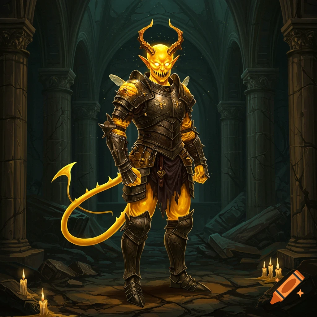A yellow honey demon soldier in dark armor stands in a ruined castle.