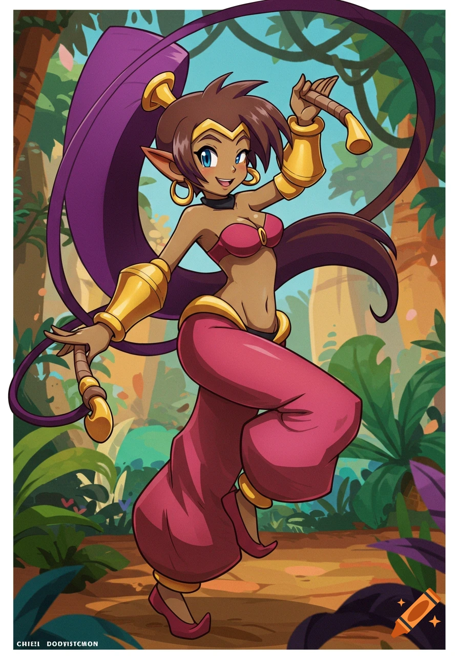 Anime style illustration of the videogame character Shantae dancing in a jungle.