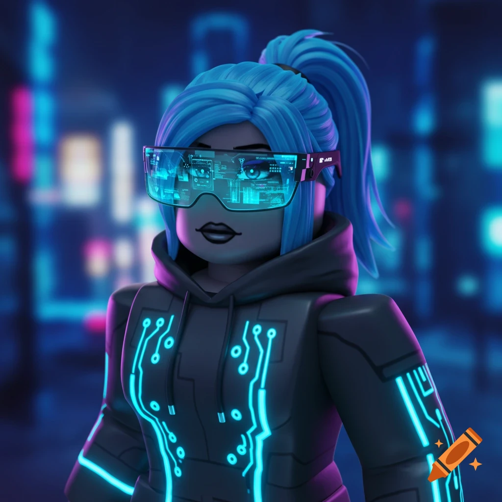 Roblox-style avatar with blue hair, AR glasses, futuristic hoodie in a city.