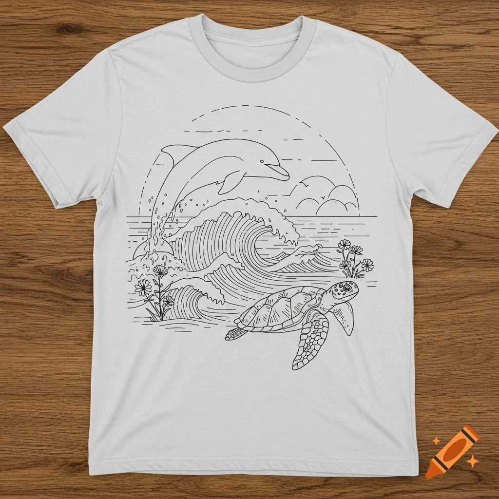 Line art drawing on a white t-shirt showing a dolphin leaping over waves and a sea turtle swimming with flowers.