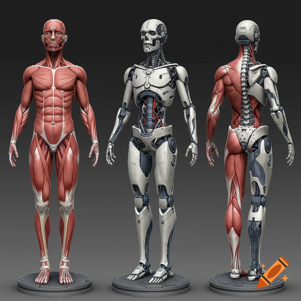 Three views of an anatomical human muscle model and a robot model standing side-by-side.