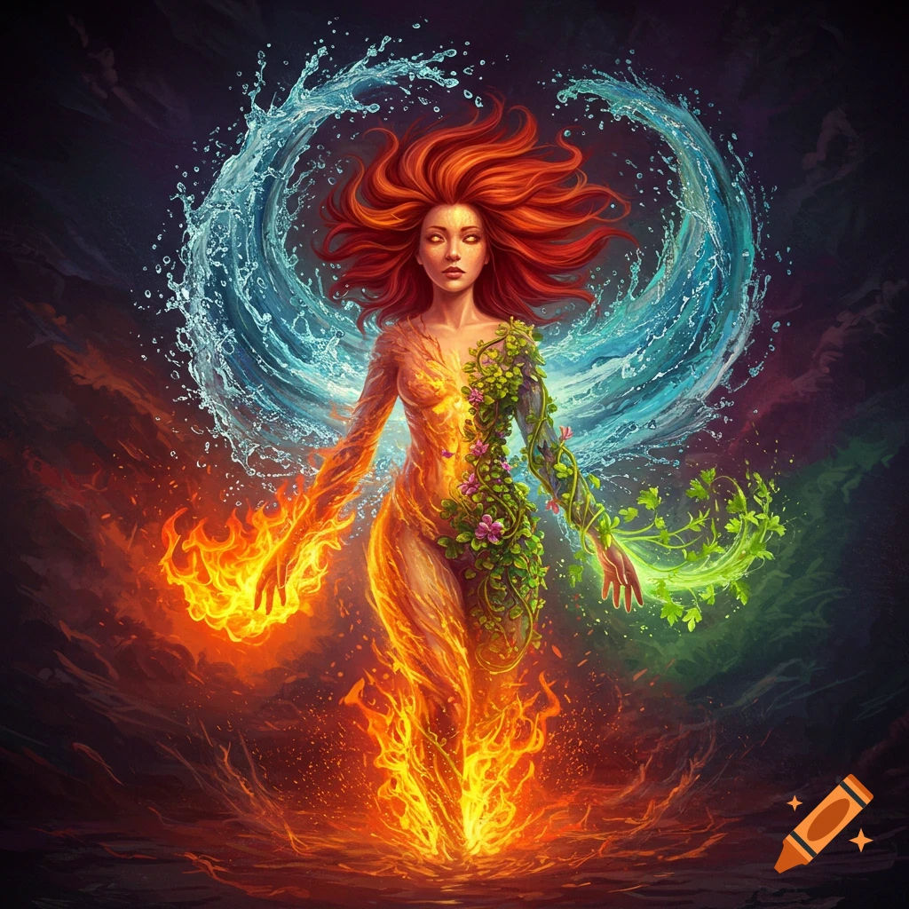 Fantasy figure merging with fire, earth, and water elements with swirling water and fire.