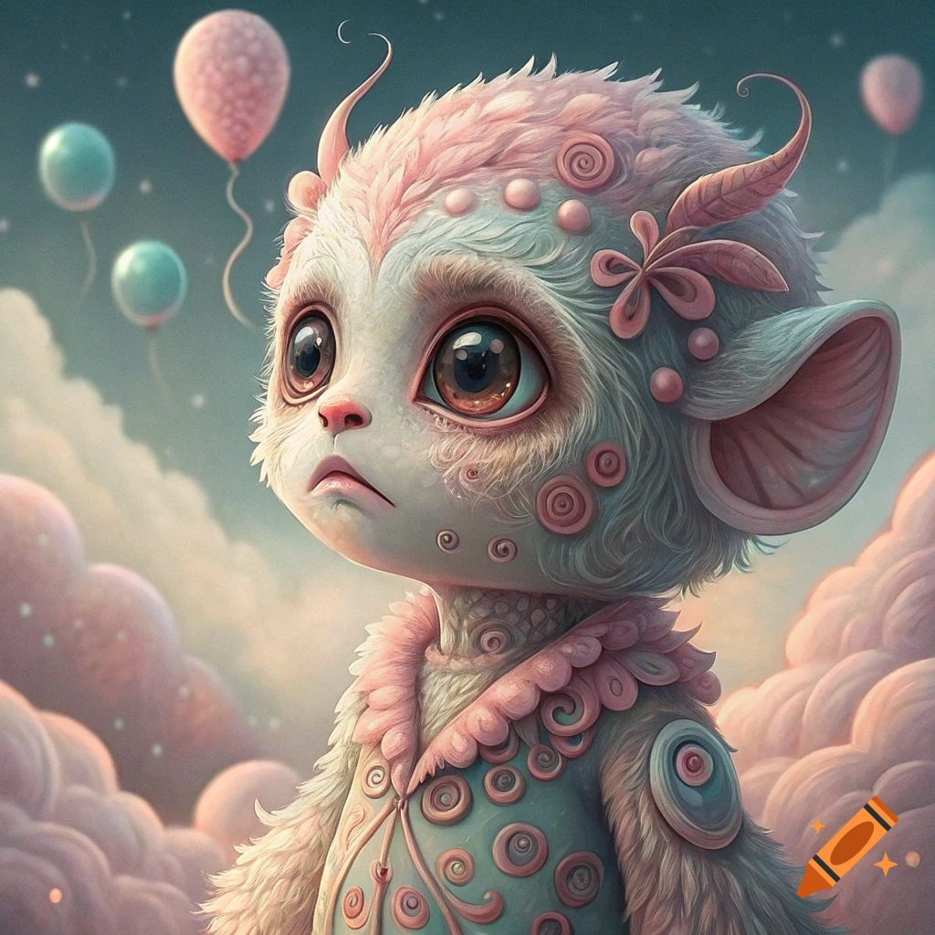 Cute fantasy creature with large eyes, pink fur, and horns among clouds and balloons