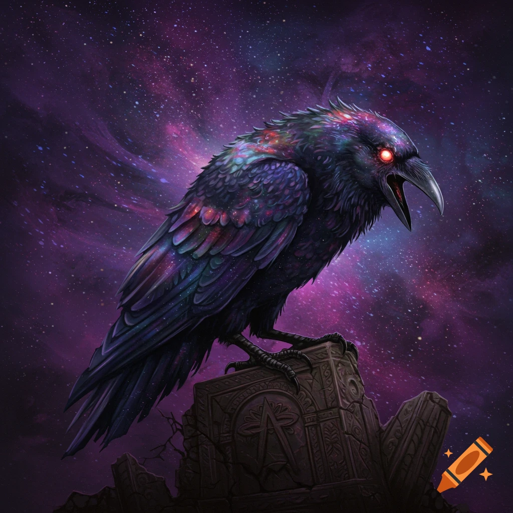 A dark raven with red eyes perches on a stone pedestal under a purple and pink galaxy sky.