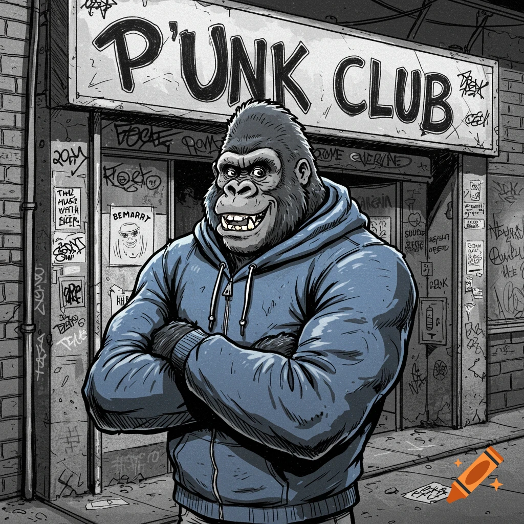 Illustration of a muscular gorilla in a blue hoodie outside P'UNK CLUB.