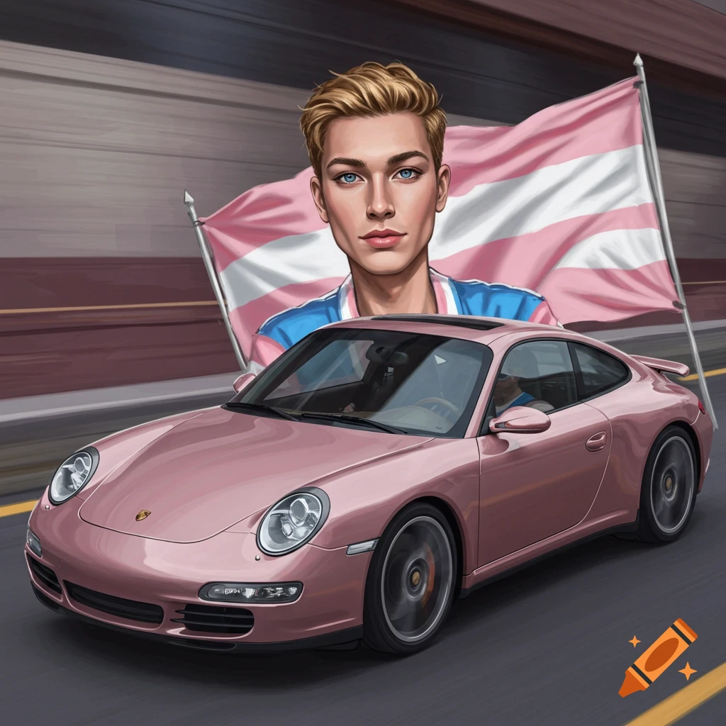Illustration of a person driving a pink Porsche with a transgender flag.