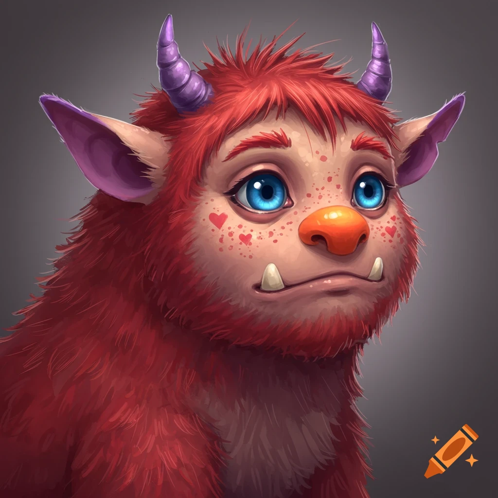 A cute red furry monster with blue eyes, purple horns, and heart-shaped freckles.