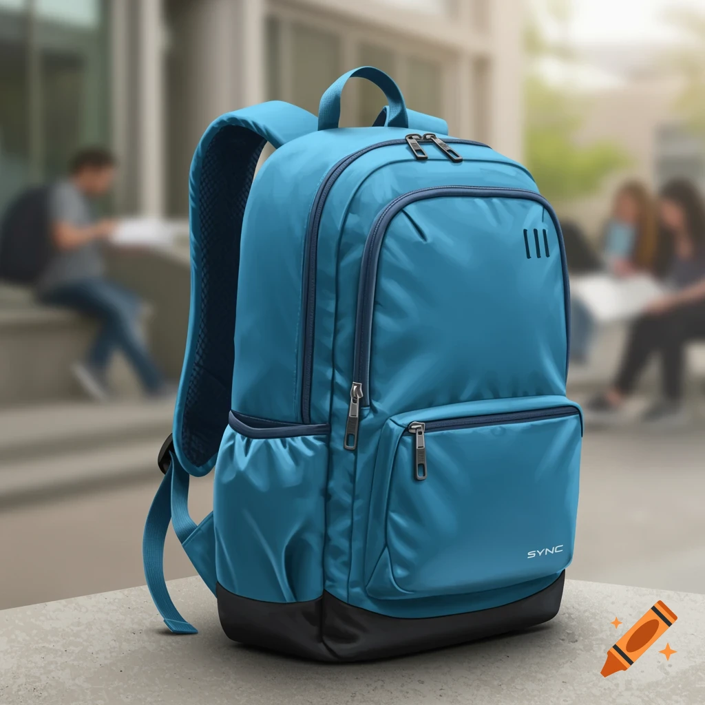 A blue backpack with black trim sits on a surface in an outdoor university setting with blurry figures in the background.