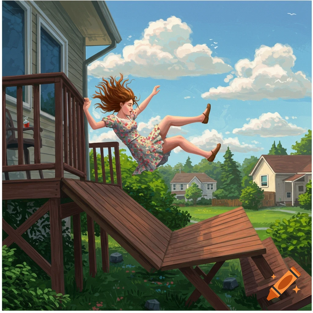 Woman falling off deck at party