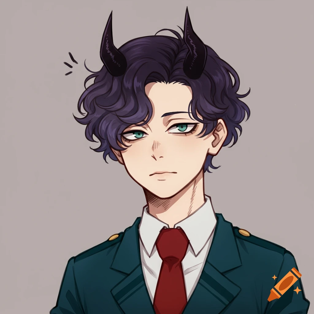 Anime style portrait of a male character with dark wavy hair, black horns, and green eyes, wearing a school uniform.